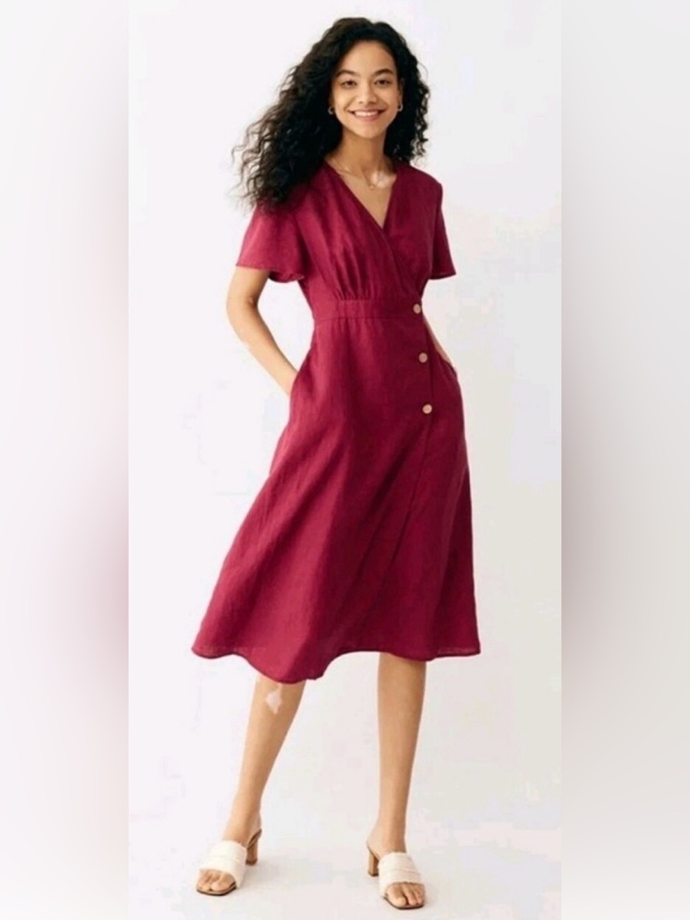 Grae Cove Pure Linen Red Short Flutter Sleeves Wrap Dress Dress Size Medium